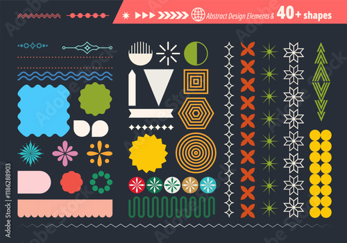 Abstract futuristic geometric shapes in trendy retro groovy, flat style. Colored simple isolated on black background label sticker elements. All layered and grouped. Vector.