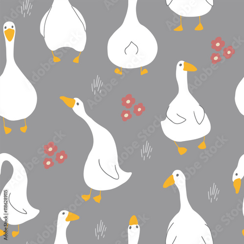 Goose Seamless Pattern. Cute Cartoon geese, Vector Illustration Background.