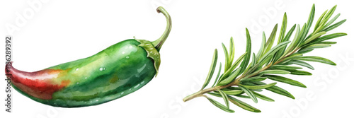 Fresh jalapeno pepper, aromatic rosemary sprig, vibrant colors, watercolor style, culinary herbs, food illustration.