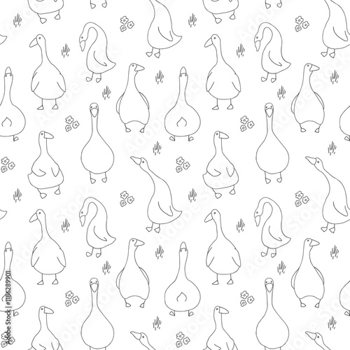 Goose Seamless Pattern. Cute Cartoon geese, Vector Illustration Background.