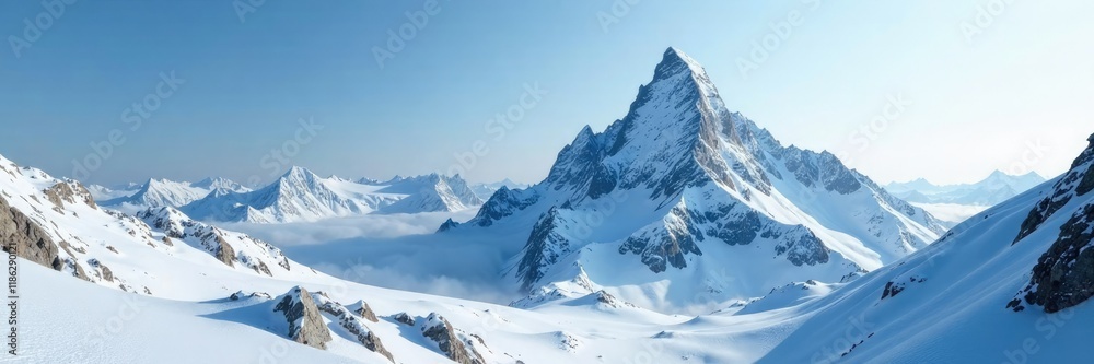 Frosty mountain peak with snow-covered rocks and icy mist, Frost, Winter Frosty mountain peak with snow-covered rocks and icy mist, Frost, Winter