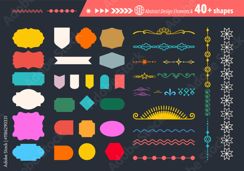 Abstract futuristic geometric shapes in trendy retro groovy, flat style. Colored simple isolated on black background label sticker elements. All layered and grouped. Vector.