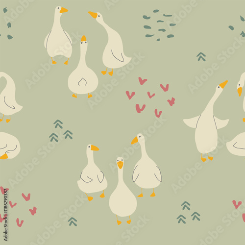 Goose Seamless Pattern. Cute Cartoon geese, Vector Illustration Background.