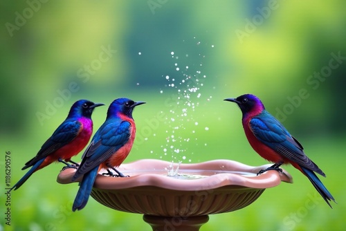 Purple martins gathered around a birdbath and a few wispy clouds, wildlife, avian photo