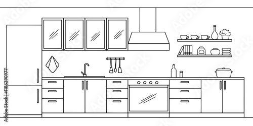 Kitchen room graphic black white home interior sketch illustration vector 