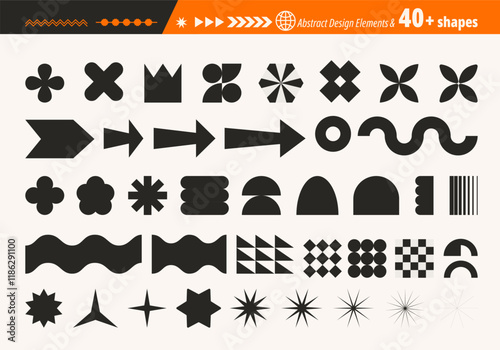 Big collection of abstract futuristic geometric shapes in trendy retro groovy, flat style. All layered and grouped. Vector.