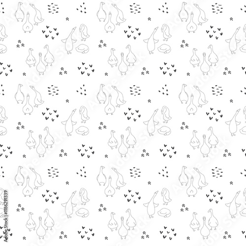 Goose Seamless Pattern. Cute Cartoon geese, Vector Illustration Background.