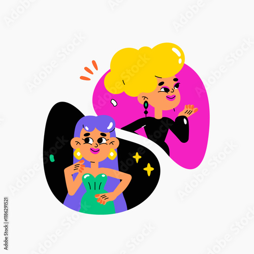 Glamorous women in elegant dresses with contrasting backgrounds symbolizing duality and individuality, flat vector illustration for fashion, lifestyle, and personal identity concepts