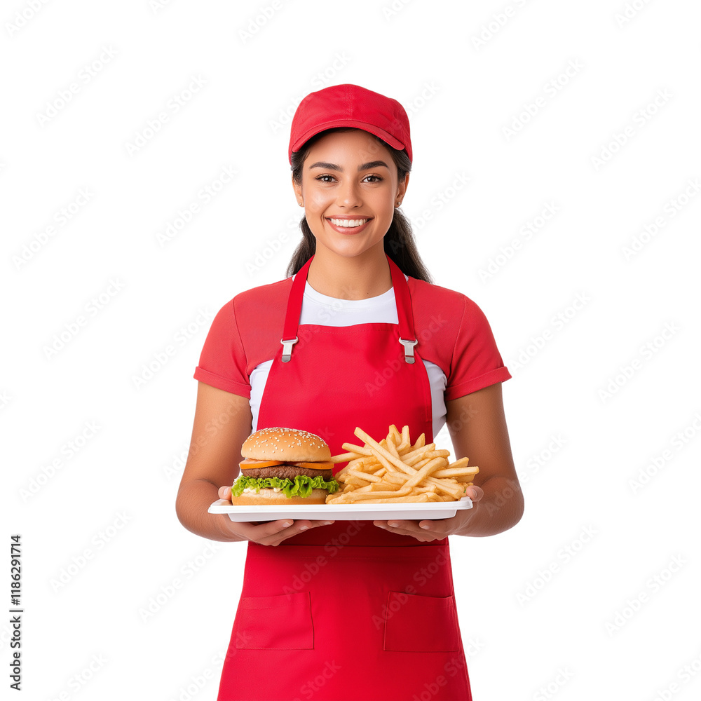 Fast Food Worker Holding Meal | Burger, Fries, Red Uniform, Isolated Portrait Fast Food Worker Holding Meal | Burger, Fries, Red Uniform, Isolated Portrait