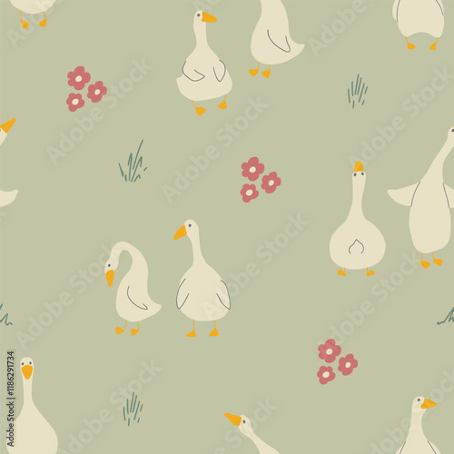 Goose Seamless Pattern. Cute Cartoon geese, Vector Illustration Background.