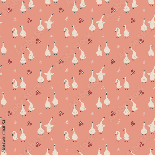 Goose Seamless Pattern. Cute Cartoon geese, Vector Illustration Background.
