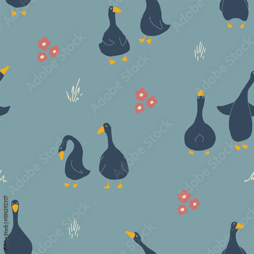 Goose Seamless Pattern. Cute Cartoon geese, Vector Illustration Background.