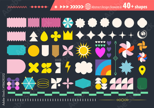 Abstract futuristic geometric shapes in trendy retro groovy, flat style. Colored simple isolated on black background label sticker elements. All layered and grouped. Vector.