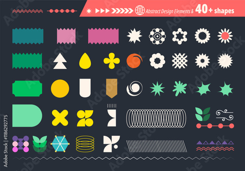Abstract futuristic geometric shapes in trendy retro groovy, flat style. Colored simple isolated on black background label sticker elements. All layered and grouped. Vector.