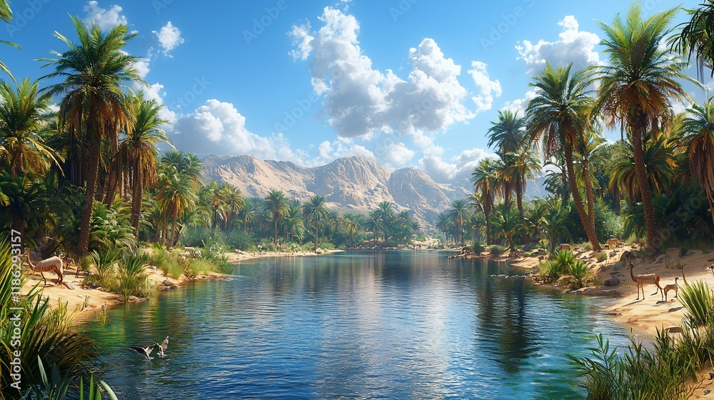 Obraz premium Oasis, desert river, palm trees, mountains, sunshine, wildlife.