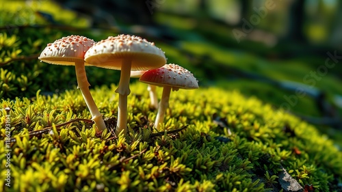 Wild Coprinellus Disseminatus Mushrooms on Moss - Nature Photography photo