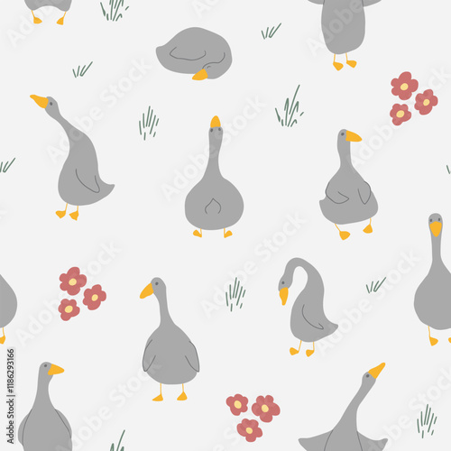 Goose Seamless Pattern. Cute Cartoon geese, Vector Illustration Background.