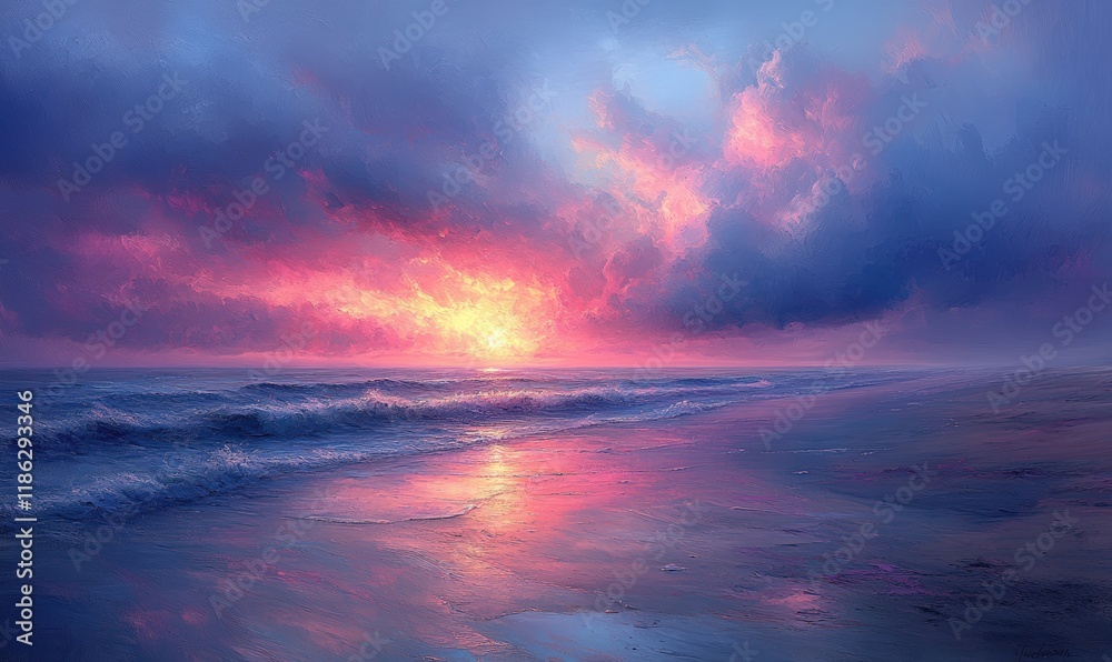 Fototapeta premium Pink and purple sunset over ocean waves.
