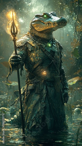 Illustration - Swamp Shaman Alligator with Torch, Fantasy Creature in Wetland