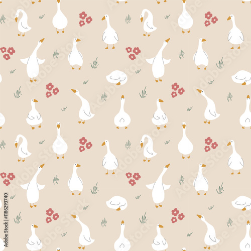 Goose Seamless Pattern. Cute Cartoon geese, Vector Illustration Background.