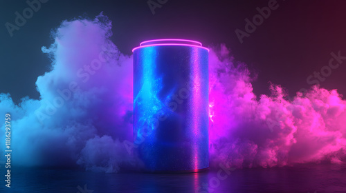 Cylinder flying podium with neon glowing abstract geometric shapes and smoke clouds for futuristic product display. photo