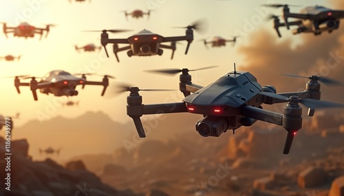 Futuristic drones swarm over desolate landscape. War-torn terrain shows devastation. Aerial surveillance fleet flies in air. Powerful tech military operation in progress. Future conflict. Drone army