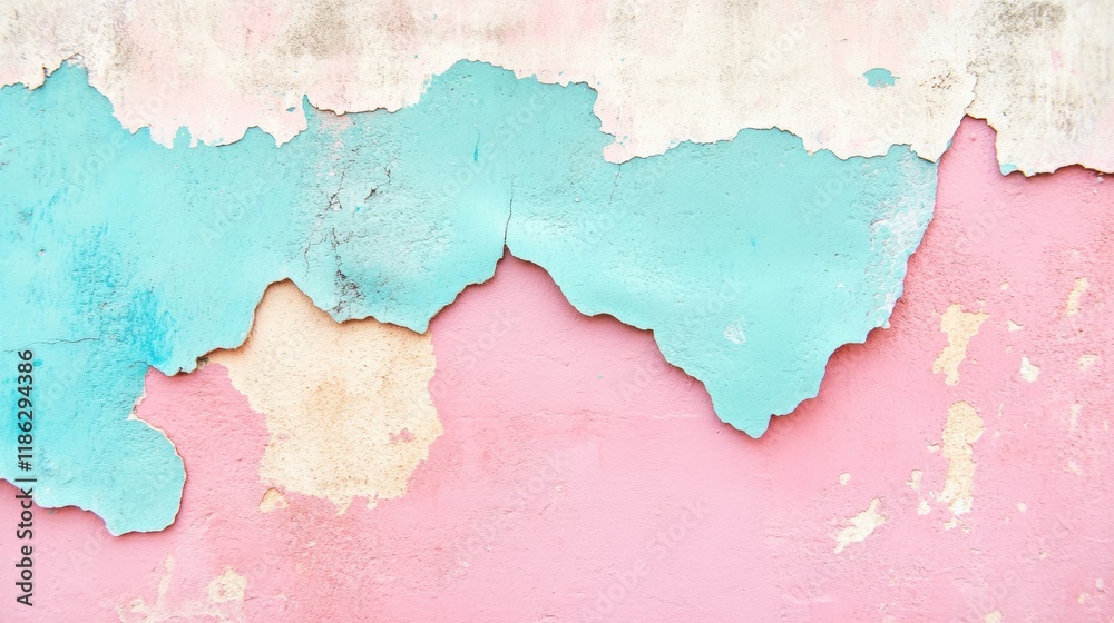 Fototapeta premium Aged and peeling paint reveals a beautiful blend of pastel colors, showcasing the texture and history of an urban wall over time