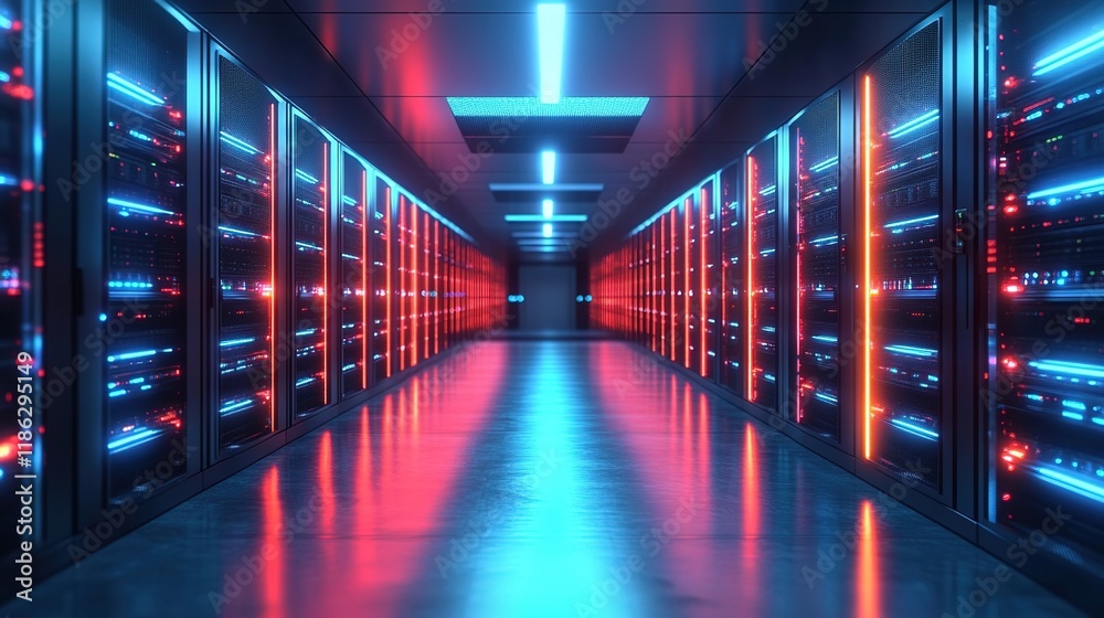 Fototapeta premium High-tech data center with rows of powerful server machines, a futuristic and high-end design, blue lighting creating an atmosphere of advanced technology