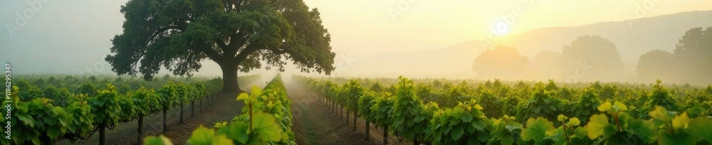 Naklejka premium Misty morning in a California vineyard with an oak tree and sprawling vines covered in dew drops, peaceful, foggy, oak