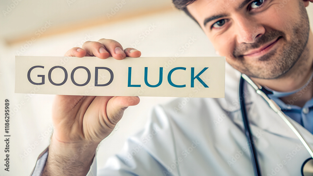 A doctor with a stethoscope in his hand holds a sign with the inscription - GOOD LUCK.
A doctor with a stethoscope in his hand holds a sign with the inscription - GOOD LUCK.