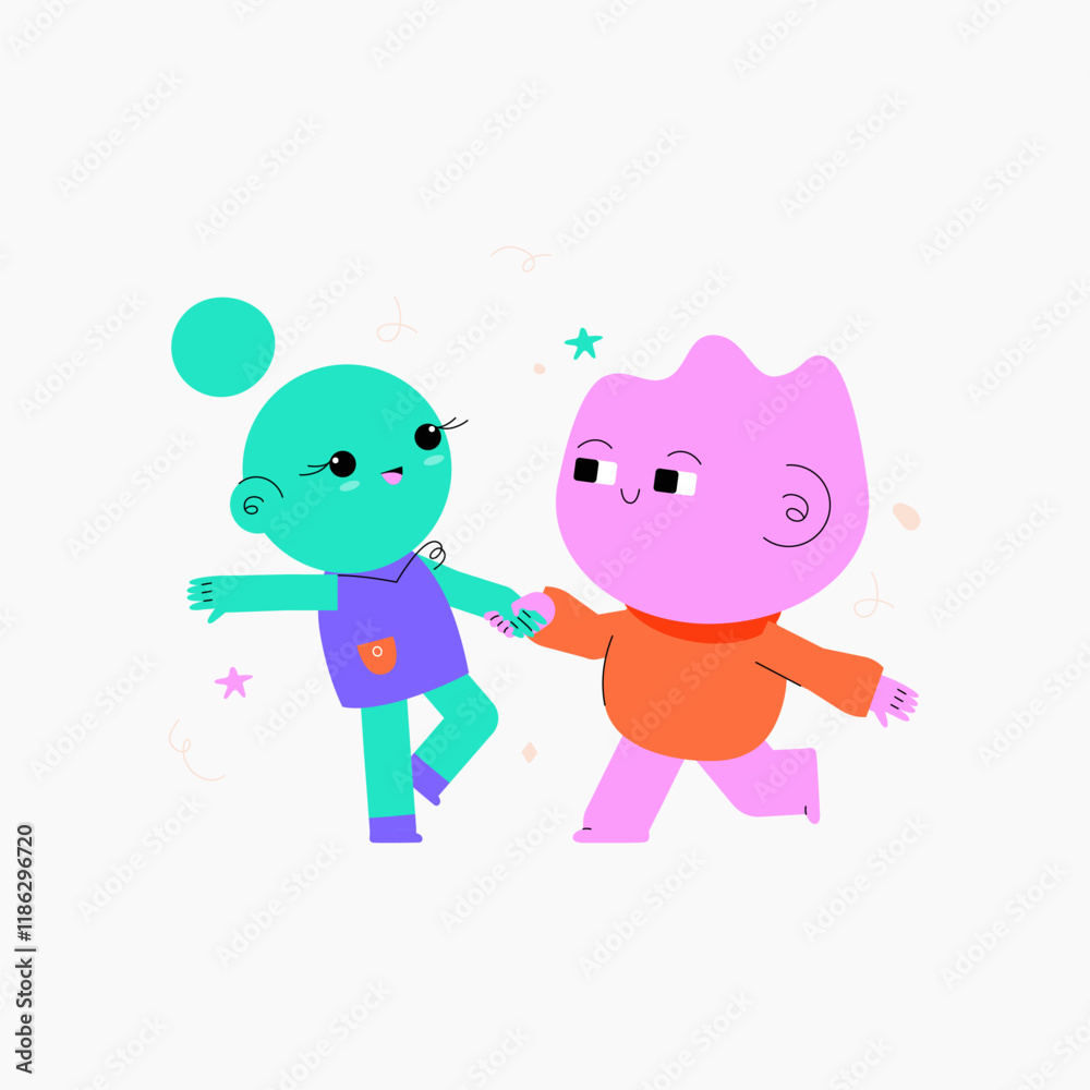 Fototapeta Playful couple dancing, symbolizing love, joy, and connection, perfect for family, relationships, and celebration themes, flat vector illustration, isolated on white background.
