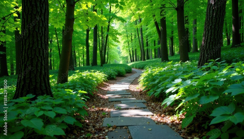 Fototapeta premium Narrow stone path winding through dense forest foliage, trees, forest, path