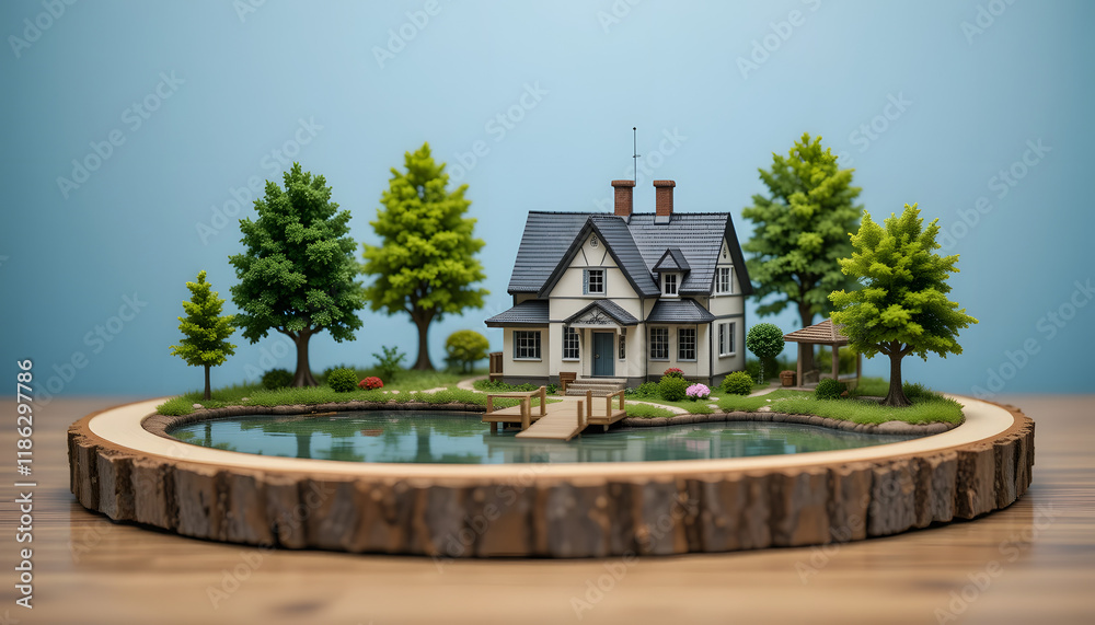 Fototapeta premium Miniature house model by a lake on a wooden base.