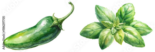 Fresh green jalapeno, vibrant basil leaves, watercolor illustration, culinary herbs, organic gardening, food art.