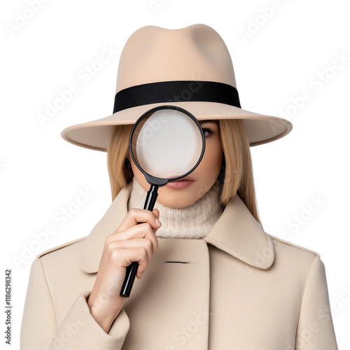 Detective Woman with Magnifying Glass | Mystery, Investigation, Isolated Portrait photo