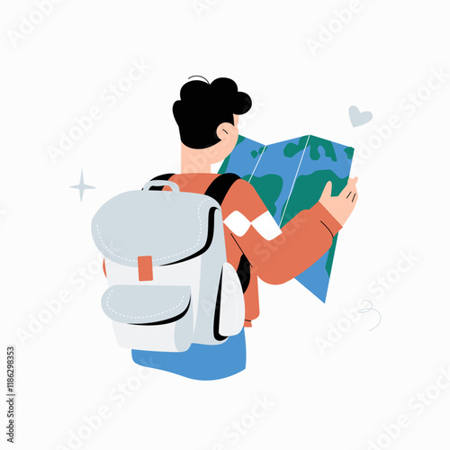 Male tourist with backpack reading a map in flat vector illustration symbolizing travel, exploration, and navigation, isolated on white background.
