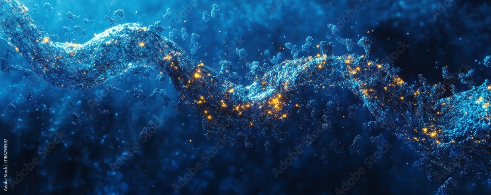 Fototapeta premium DNA structure, genetic research, molecular biology, glowing particles, blue background, abstract science illustration This image features a dynamic representation of DNA strands