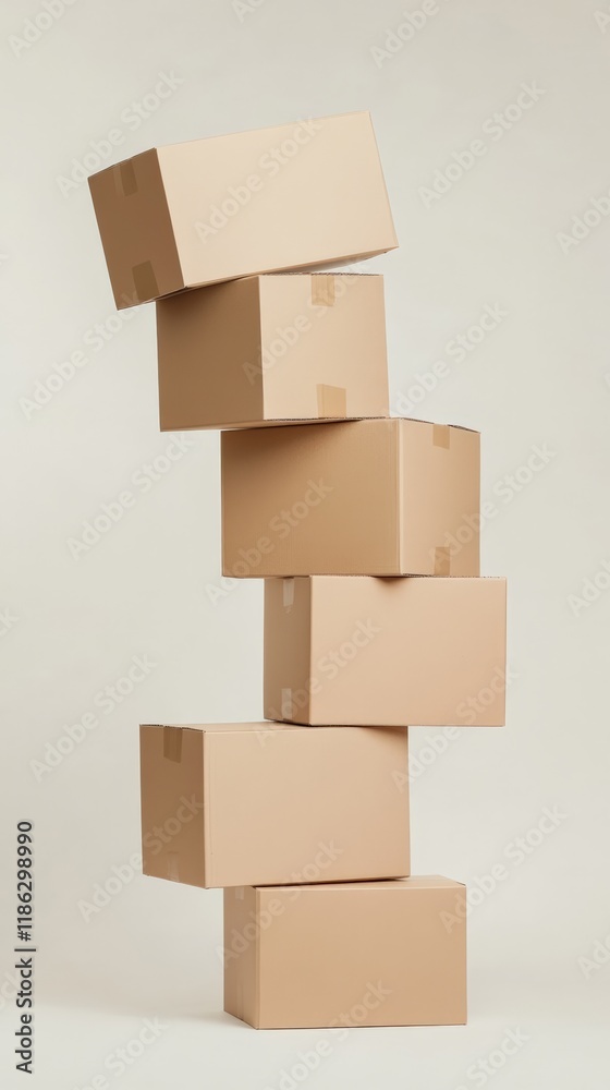 Obraz premium Six levitating cardboard boxes precariously balanced against a minimalist white backdrop, symbolizing instability and defying gravity in packaging and delivery concepts