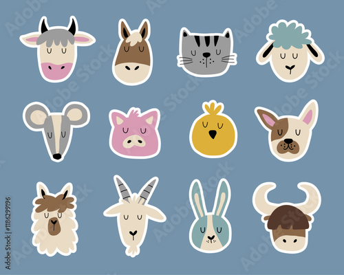 Cute farm animals set. Faces of funny animals for greeting cards, stickers and clothing. Cow, sheep, goat and others.	