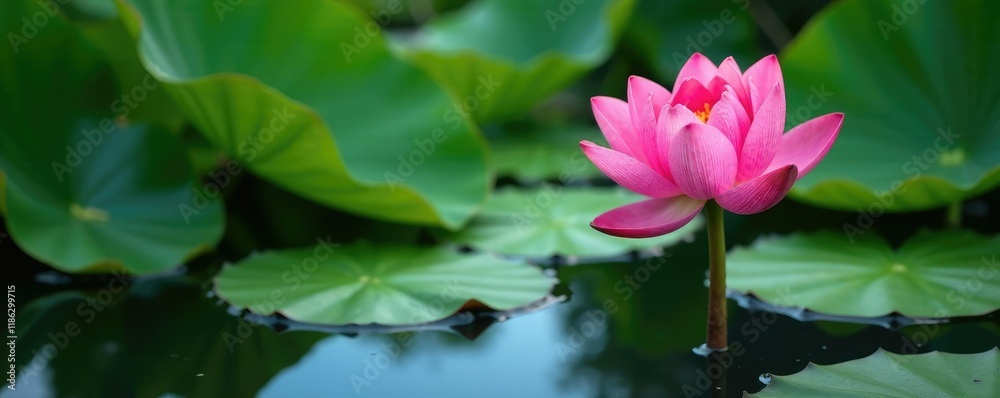 Pink water lily with large leaves and stem in a lake, foliage, bloom, water lily pad Pink water lily with large leaves and stem in a lake, foliage, bloom, water lily pad