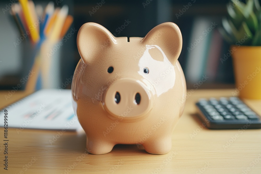 A cute piggy bank sits on a desk with office supplies and a calculator, symbolizing savings and financial planning. A cute piggy bank sits on a desk with office supplies and a calculator, symbolizing savings and financial planning.