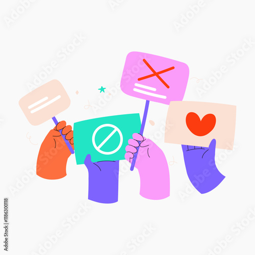 Hands holding protest signs symbolizing activism, social justice, and protest, flat vector illustration for themes of equality, change, and peaceful demonstration, isolated on white