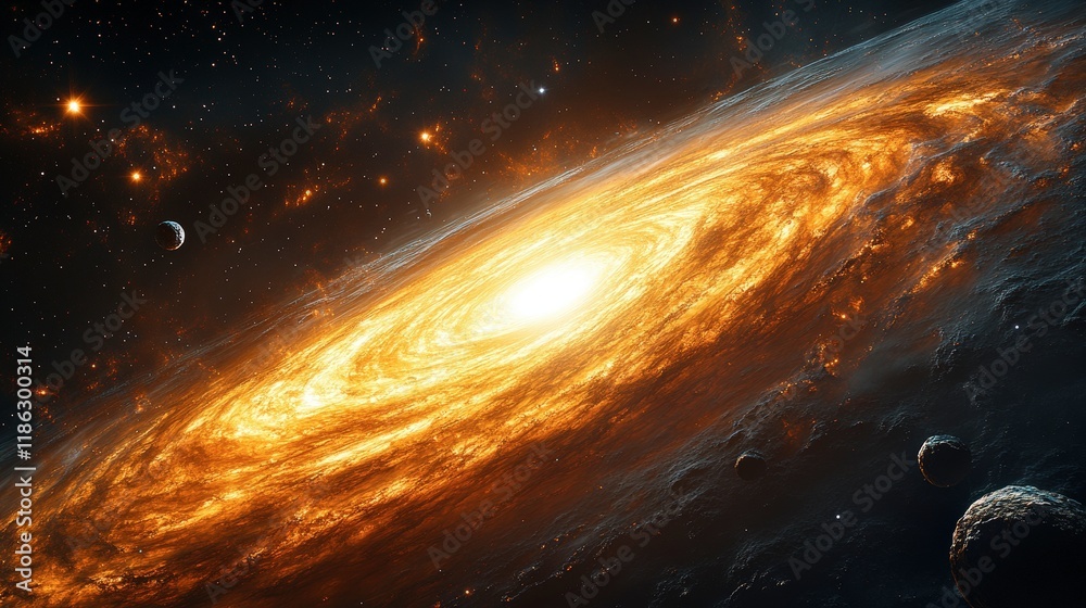 Obraz premium Illustration of Spiral Galaxy, Planets, and Stars in Space