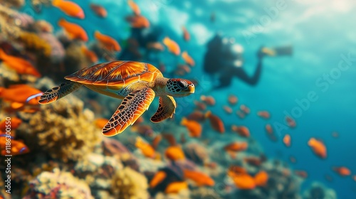 A sea turtle glides through vibrant coral reefs while a diver observes in the background, showcasing marine life and underwater exploration. photo