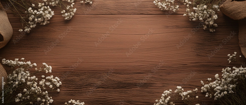 Rustic wooden wedding background frame with floral decorations and copy space. Generative AI Rustic wooden wedding background frame with floral decorations and copy space. Generative AI