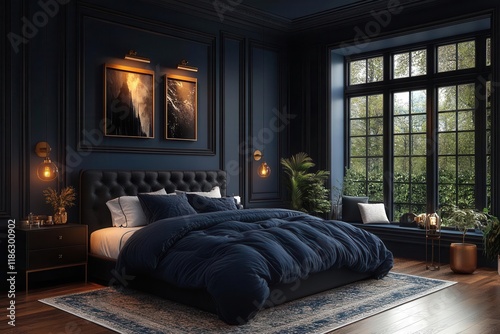 contemporary bedroom interior design in moody dark blue tones with custom lighting and luxurious textiles in 3d visualization