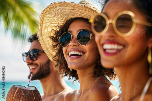 close up of a diverse group of friends on a vacation in the caribbean enjoying the beach
