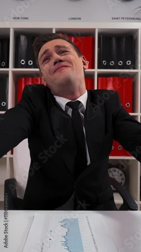 4k POV. Young businessman tell you Please, stay, do not leave our service. He expressed entrepreneur reach out his hands to ask you stay at office and listen his offer. Vertical Shot. photo