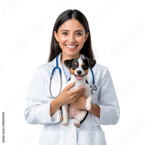 Smiling Veterinarian Holding Puppy | Animal Care, Female Vet, Isolated Portrait photo