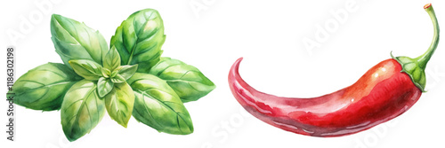 Fresh basil leaves, vibrant red chili pepper, watercolor illustration, culinary herbs, cooking ingredients, organic produce.